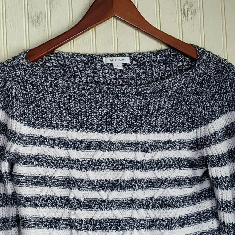 Nautica Sweater Womens Small Blue‎ White Striped Boat Neck Chunky Knit Pullover